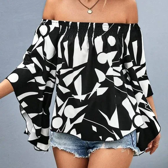 Boho Geo Print Off Shoulder Flounce Sleeve Blouse Black And White - Picture 4 of 5